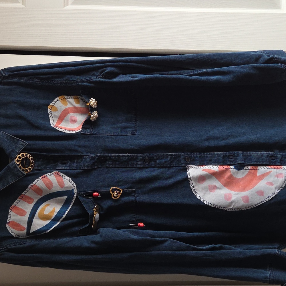 Upcycled Evil Eye Denim Shacket Decorated With Brooches Jewelry Included